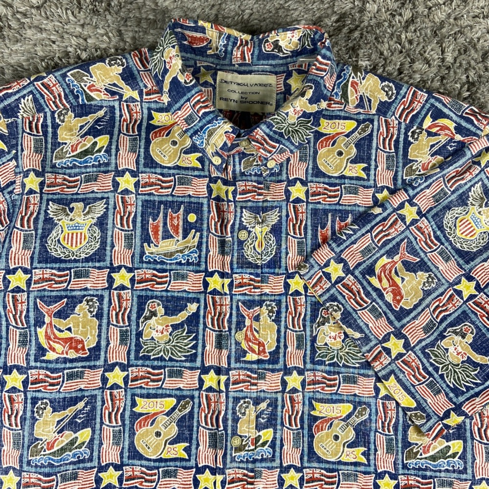 Reyn Spooner Dietrich Varez Patriotic Hawaiian Shirt Men XL Blue Aloha 2015 Surf